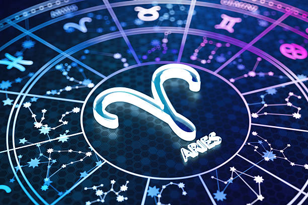 Aries Zodiac Sign Icon on Glowing Blue Astrology Wheel. 3D Render