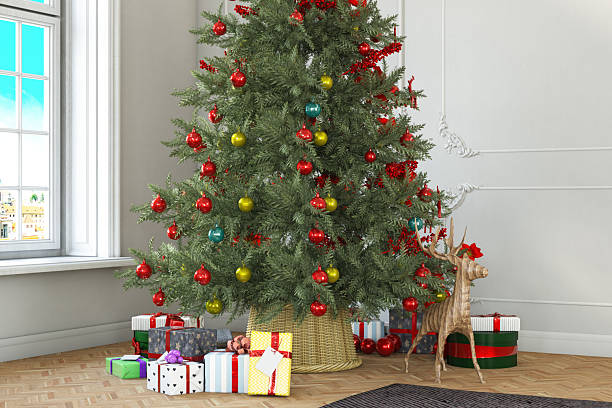 Decorated Christmas Tree with Gift Boxes in Classic White Room. 3D Render