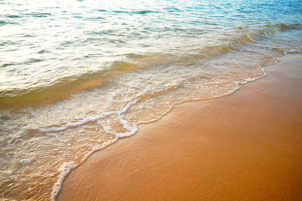 Seaside sand beach, aerial view. Sea waves on tropical sand beach. Beach waves texture, background. Top view tropical ocean waves. Tropical beach turquoise water, top view. Seascape vacation resort.