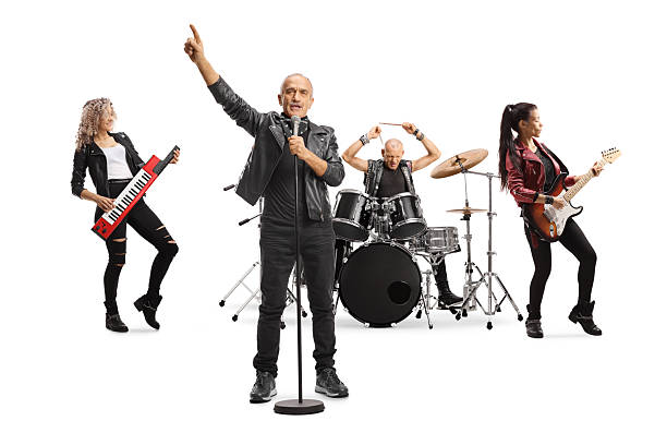 Rock band with a senior male singer performing isolated on a white background