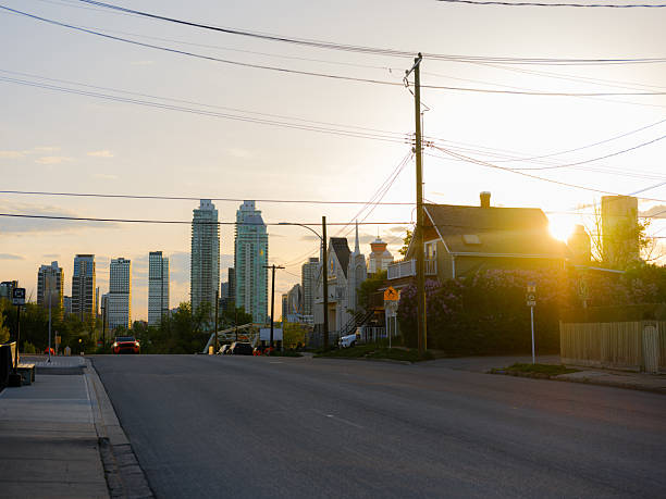 Calgary downtown cityscape skyline in springtime at sunset.