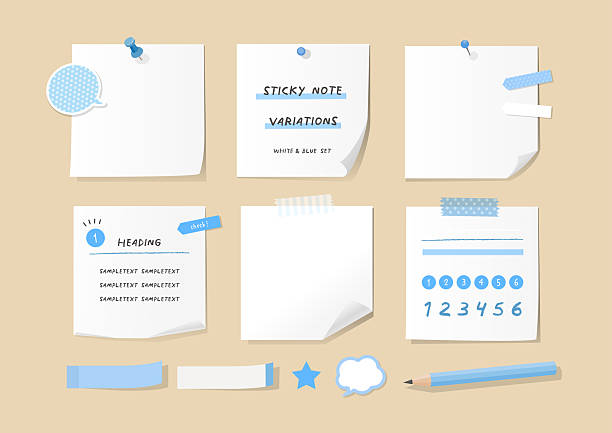 stockillustraties, clipart, cartoons en iconen met white sticky note variations with blue stationery set - prikbord