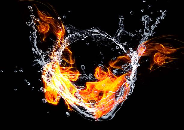 Flaming fire and water splash isolated on black background. Close up. 3d rendering, 3d illustration.