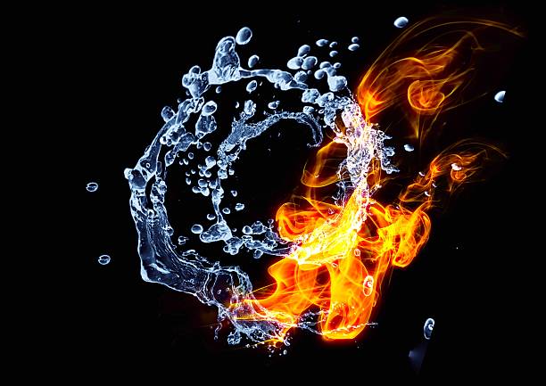 Flaming fire and water splash isolated on black background. Close up. 3d rendering, 3d illustration.