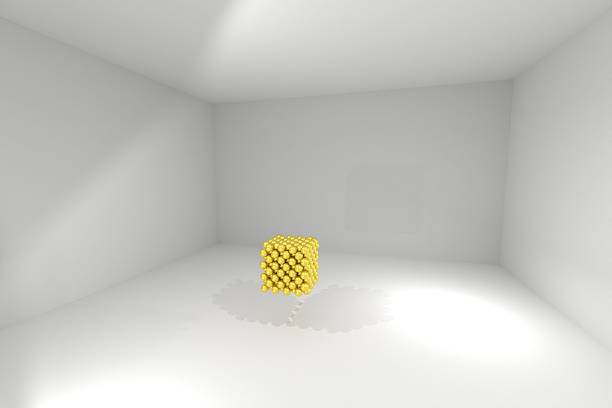 3D rendered cubic Gold nanoparticle at atomic scale in a cleanroom - concept for nanotechnology