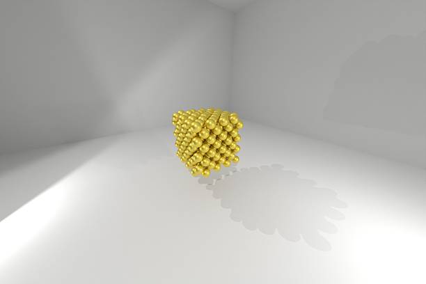 3D rendered cubic Gold nanoparticle at atomic scale in a cleanroom - concept for nanotechnology