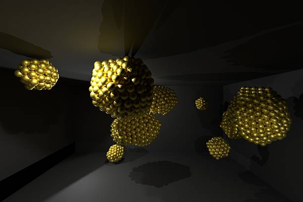 3D rendered atomic scale Gold nanoparticles in a water solution - concept for nanotechnology