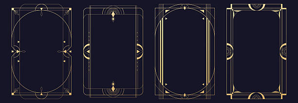 Gatsby art deco frame collection with elegant gold borders and geometric patterns. Luxury vintage design with ornament lines, classic 1920s style elements on dark background for invitations or posters