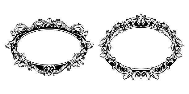 Ornate baroque flourish frame set with vintage oval border and decorative Victorian ornament. Elegant antique filigree design with intricate floral motifs for wedding invitations or mirror frames.