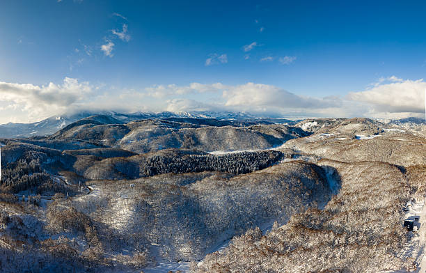 Sunny winter day landscape showing vast snowy hills and trees in Japan
