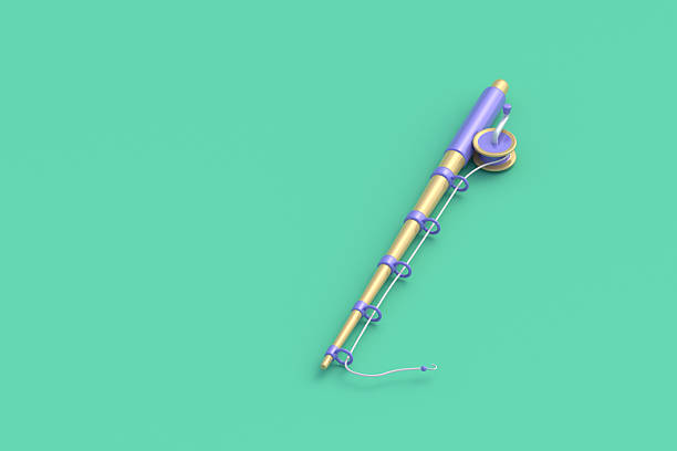 Fishing rod on green background. Sport angling equipment. Copy space. 3d render