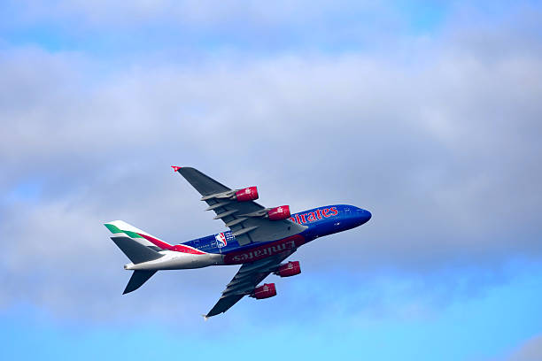 Jet flies overhead through clear blue skies