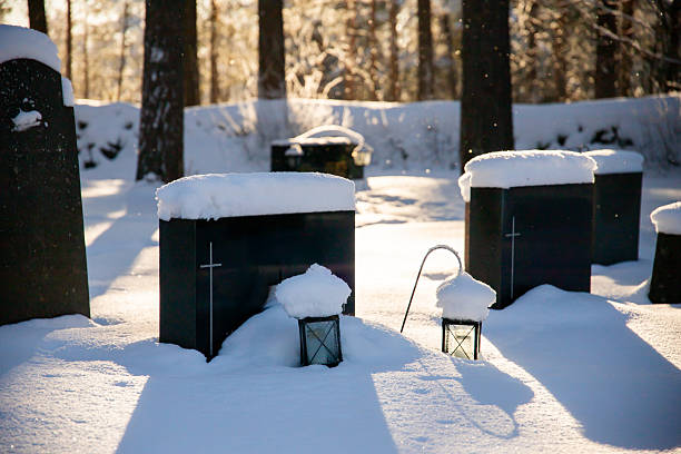 Tombstones At Snow Covered Cemetery