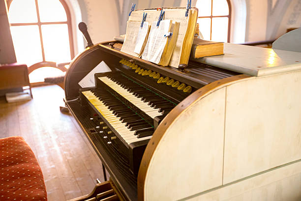 Old books stacked on top of each other to hold open music notebook with staff and notes on music paper, book with note stave grid placed on church organ, musical instrument, antique, vintage.