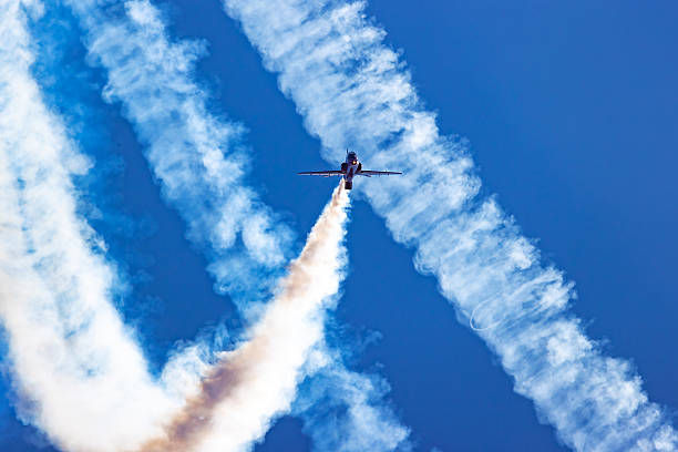 Ostrava, Czech Republic - September 19, 2025: Royal Air Force Red Arrows aerobatic team flying display. BAE Hawk military trainer aircraft.