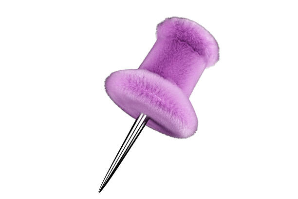 Closeup of a purple push pin with a fuzzy texture and metal point. 3d rendering