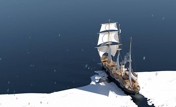 Historic polar exploration ship handcrafted interpretation of Endurance 3D render based on historical data view from back breaking out of an ice
