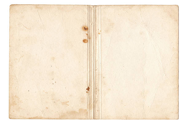 Book open vintage cover texture isolated on white background. Old stained and distressed notebook binding with rust spots, liquid spill marks on yellowed brown parchment paper.