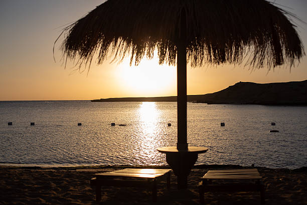 Tropical beach scene with straw umbrella and lounge chairs silhouetted against a golden sunset