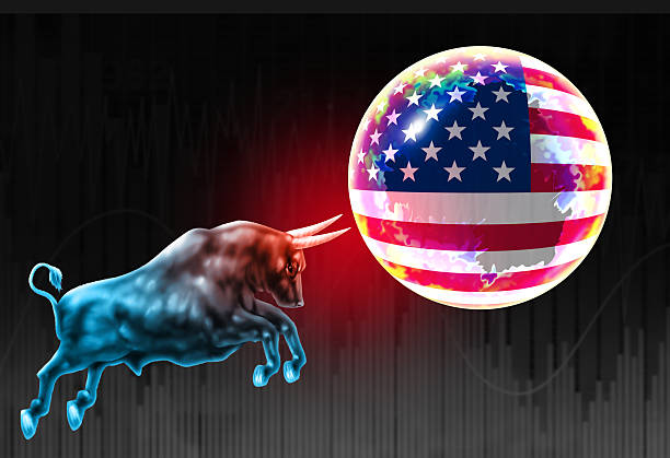 US Bull Market Bubble business risk and United States Economic equities bubbles fear and overhyped New York Stock exchange,market speculation concept and overvalued American companies due to greed as an inflated economy as speculative valuation.