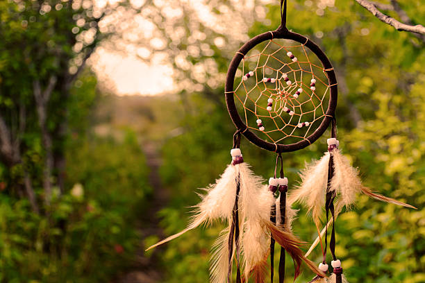 An image of a handmade dream catcher hanging from a tree branch with white and brown feathers moving gently in the soft breeze.