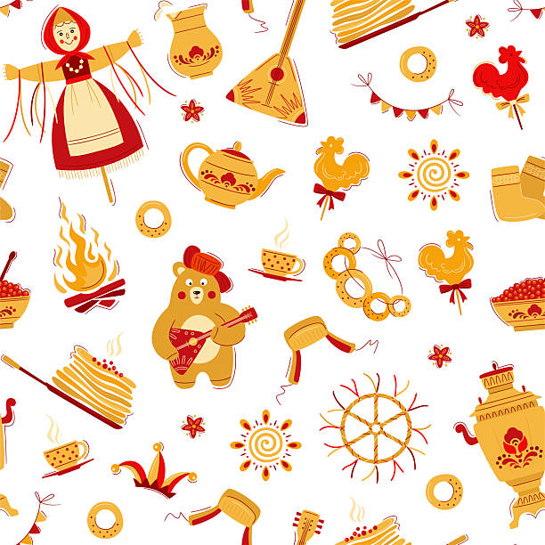 Vector seamless pattern on the theme of the Russian holiday Carnival. Russian translation Shrovetide or Maslenitsa. Slavic style collection in red and yellow tones.
