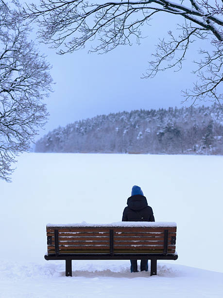 Woman sitting on a park bench looking out over a snow covered lake Norrviken north of Stockholm.