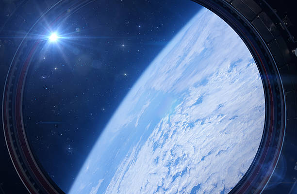 View of the blue planet Earth covered with clouds and the Sun shining in outer space, seen through a spaceship window with stars in the background. Space exploration and cosmic travel concept. This image elements furnished by NASA. ______ Url(s):https://images.nasa.gov/details-iss070e028324https://www.nasa.gov/image-article/international-space-station-orbits-above-southern-pacific-ocean/Adobe Photoshop CC 2023. Knoll light factory. Adobe After Effects CC 2021.