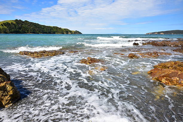 Coastal surf on rocks in Jones Bay with Kawau Island in background. Location: Auckland New Zealand