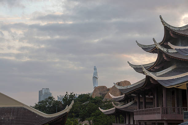 Overview of Buddhist temple on mountain at sunset, Trung Khanh, Phan Rang