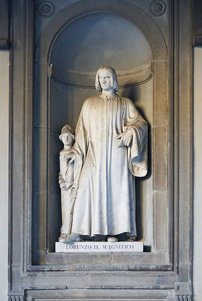 Lorenzo the Magnificent sculpture. The sculpture is located in a niche in the colonnade of the Uffizi Gallery in Florence, Italy.