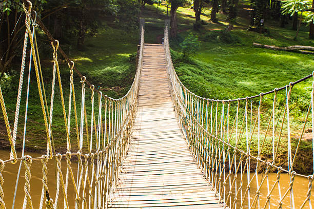 Rope bridge featuring lush green grass and the rugged rocks and water below