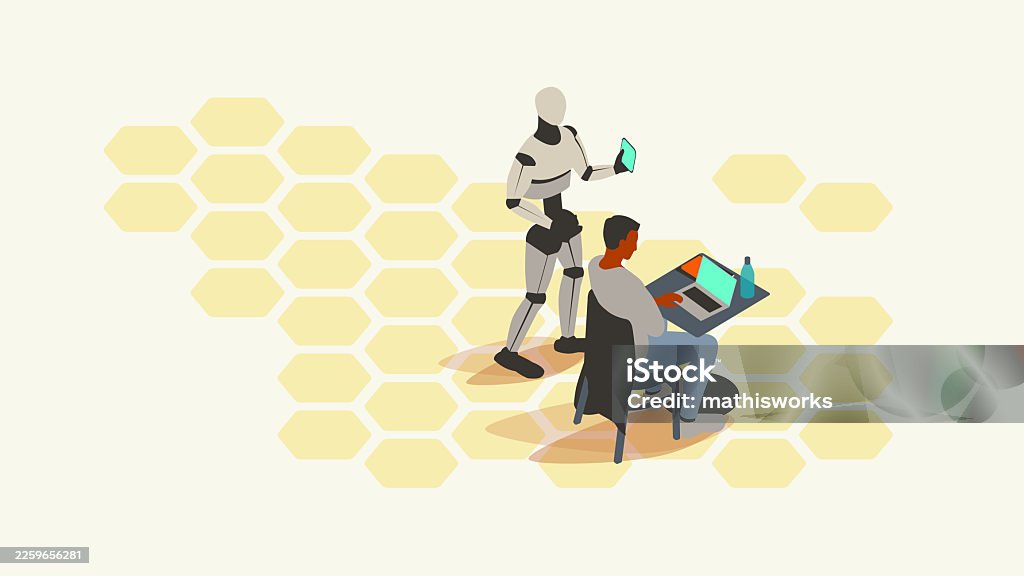 AI Assistant A man sits at a small table using a laptop, while a humanoid robot stands behind him holding a tablet device. Artwork illustrates the concept of an AI assistant, helping the man with any number of tasks like vibe coding, writing, design, research, or more agentic tasks, e.g., booking a trip, where the artificial intelligence assistant would have more autonomy. Isometric Projection stock vector AI Assistant A man sits at a small table using a laptop, while a humanoid robot stands behind him holding a tablet device. Artwork illustrates the concept of an AI assistant, helping the man with any number of tasks like vibe coding, writing, design, research, or more agentic tasks, e.g., booking a trip, where the artificial intelligence assistant would have more autonomy. Isometric Projection stock vector