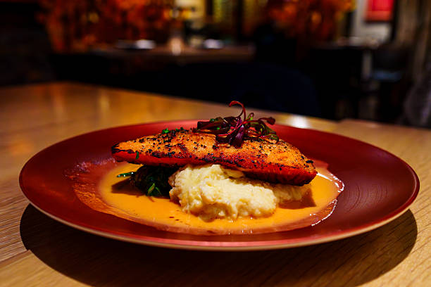 Seared Salmon Entree Dish with Lobster Sauce