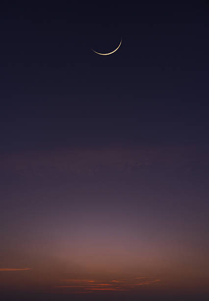 Islamic Moon sky vertical on Dark Blue Dusk,Twilight Sky in the Evening with Sunset and Beautiful Sunlight dark cloud and Crescent moon, symbol of religion islamic begin Ramadan month, Eid al-Adha, Eid al fitr