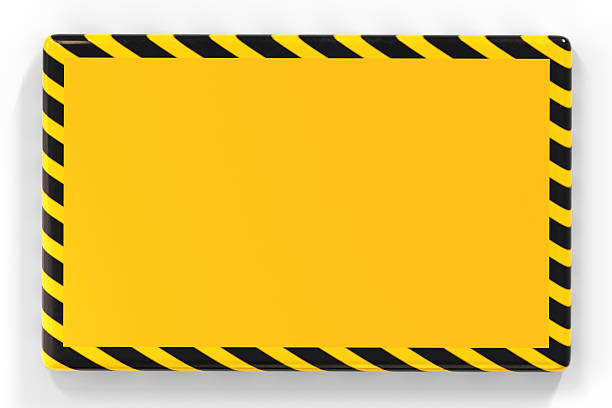 3D realistic blank yellow sign board with black caution stripes border for under construction or safety warning message isolated on white background.