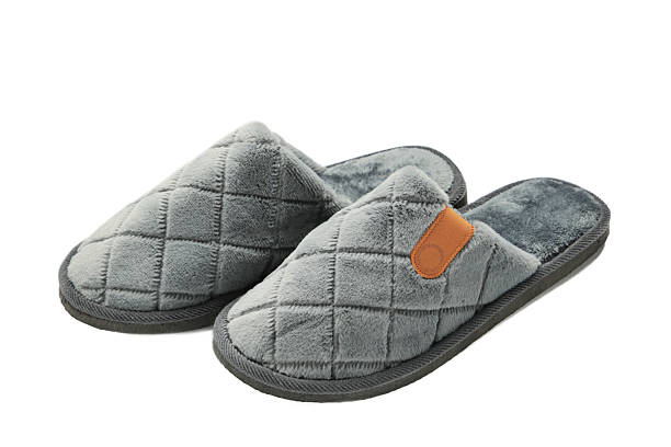 Household grey slippers isolated on white background. Top view