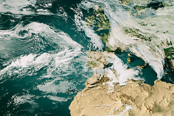 3D Render of a Topographic Map of the Atlantic Ocean with the clouds from January 28, 2026. Storm Kristin approaching Portugal.All source data is in the public domain.Cloud texture: Global Imagery Browse Services (GIBS) courtesy of NASA, VIIRS data courtesy of NOAA.https://www.earthdata.nasa.gov/eosdis/science-system-description/eosdis-components/gibsColor texture: Made with Natural Earth.http://www.naturalearthdata.com/downloads/10m-raster-data/10m-cross-blend-hypso/Relief texture: GMTED 2010 data courtesy of USGS. URL of source image:https://topotools.cr.usgs.gov/gmted_viewer/viewer.htmWater texture: SRTM Water Body SWDB: https://dds.cr.usgs.gov/srtm/version2_1/SWBD/