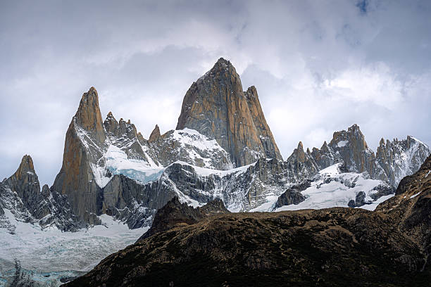 A dramatic, moody landscape view of Mount Fitz Roy (Cerro Chaltén) in Los Glaciares National Park, Patagonia, Argentina. The jagged granite peaks and hanging glaciers rise imposingly above a dense green forest of native trees. The scene is set against a heavy, overcast sky, highlighting the rugged and raw atmosphere of the Andes.