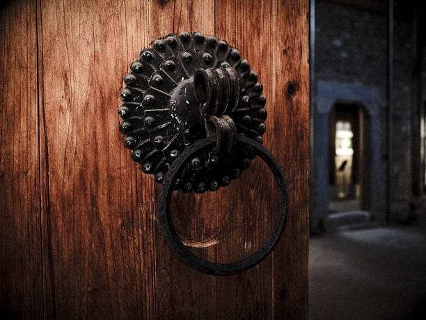 Aged iron door knocker on rich wooden door showcasing rustic and vintage style.