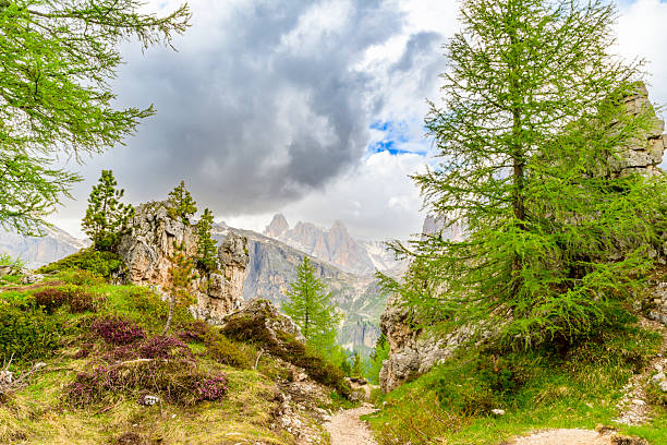 The iconic Cinque Torri (Five Towers) rock formation dominates the landscape in the Dolomites of northern Italy, near Cortina d'Ampezzo. This striking group of limestone towers, set against a dramatic sky with heavy clouds, showcases the rugged beauty of the European Alps during summer. Green alpine meadows and winding trails lead up to the base of these famous peaks, making it a popular destination for hikers, climbers, and photographers. The image captures the majestic scale and unique geological features of this UNESCO World Heritage site. Ideal for travel and tourism promotions, nature documentaries, outdoor adventure content, and editorial pieces on Italian landscapes or European mountain ranges.