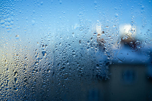 frosted glass revealing blurred house silhouettes at dawn, cool blue palette and faint chimney shapes