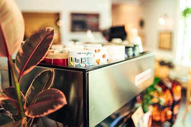 A small plant with dark red and green leaves sits beside a café counter, with cups and packaged items visible on top and a softly blurred café interior in the background.