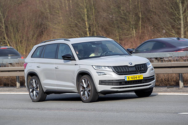 Khmelnytskyi, Ukraine - April 16, 2025: Cars displayed at a dealership with Skoda Octavia highlighted in outdoor setting.