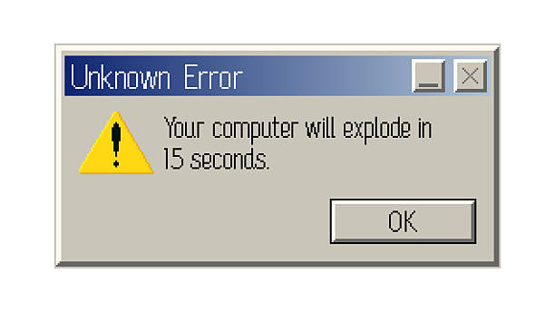 Pixel art retro computer error window showing an unknown error with humorous warning text and single confirmation button. Concept of parody system alert, software failure, fake danger message and vintage computer interface. Vector illustration.