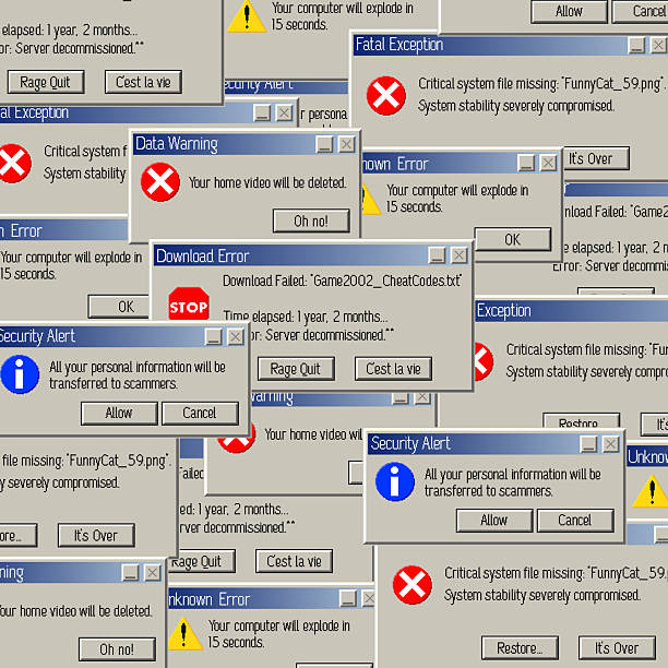 Chaotic collage of overlapping humorous pixel art error popups fully filling the frame. Dense and absurd retro computer screen concept. Vector illustration.