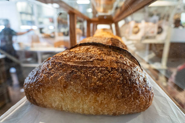 Freshly Baked Sourdough Bread Loaves Displayed in Bakery