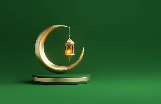 Ramadan lantern and gold crescent Happy Eid Mubarak concept  on green background. Horizontal composition with copy space. Happy Eid Mubarak and iftar concept.