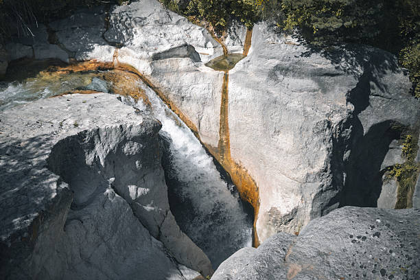 Clear water cascades over smooth limestone rocks into a narrow ravine surrounded by dense green forest in the Loup River valley near Gourdon in Alpes-Maritimes, Provence-Alpes-Cote d'Azur, France. Bright spring or early summer foliage frames the rocky canyon and flowing stream, creating a serene Mediterranean mountain landscape.