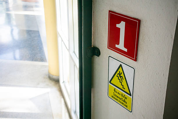 A clear caution sign placed next to doorway number one highlights potential slip hazards. The image captures an indoor area emphasizing safety and awareness.